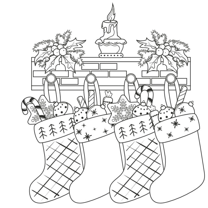 Four Christmas stockings hanging coloring page Four Christmas stockings hanging coloring page